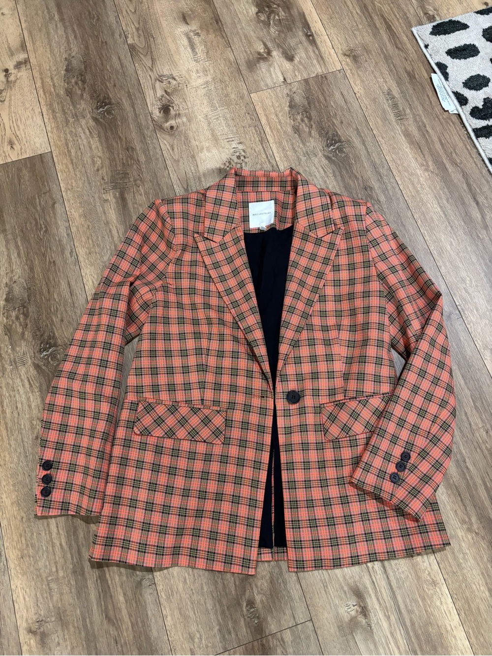 Avec Les Filles Orange and Green Plaid Single-Button Blazer - Picture 1 of 4